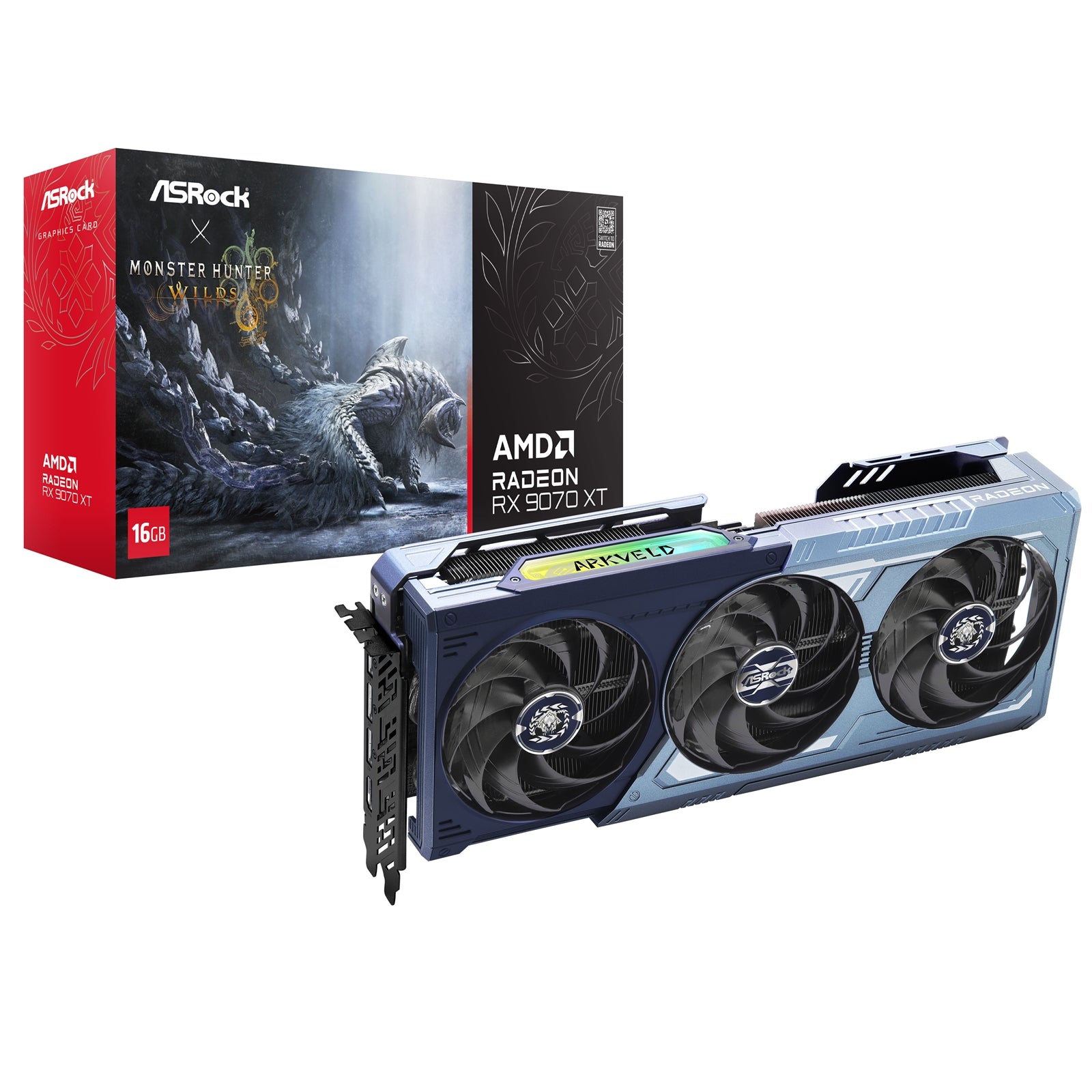 ASRock AMD Radeon RX 9070 XT Monster Hunter Wilds Edition 16GB GDDR6 Graphics Card, 4096 Streams, 2970MHz Boost Clock, Triple Fan, 3x DisplayPorts / 1x HDMI Port