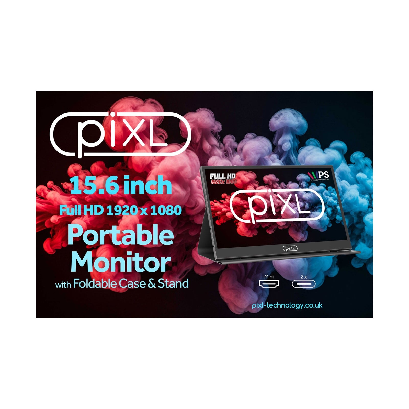 piXL PM156C 15.6 Inch Full HD 60Hz IPS Portable Monitor with USB - C, Mini HDMI & Speakers with Foldable Case & Stand - FIXgenie