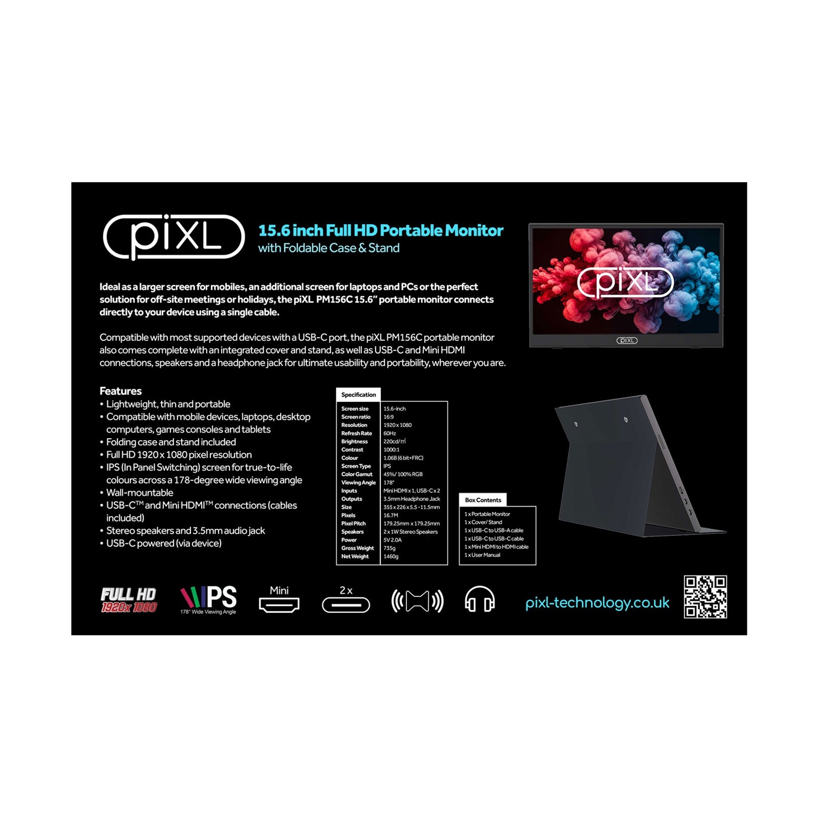 piXL PM156C 15.6 Inch Full HD 60Hz IPS Portable Monitor with USB - C, Mini HDMI & Speakers with Foldable Case & Stand - FIXgenie