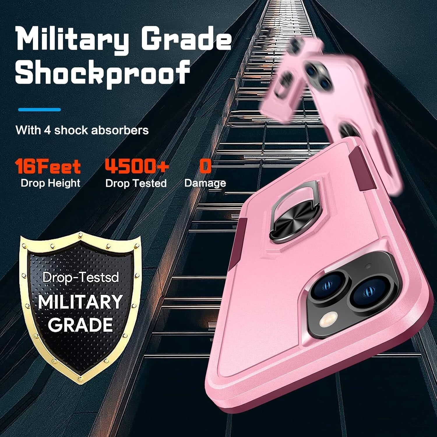 iPhone 14 Shockproof Case with Kickstand &Tempered Glass Screen Protector Pink - FIXgenie