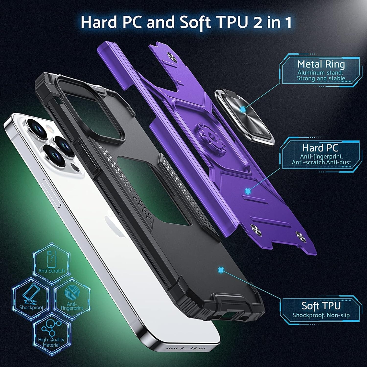 iPhone 14 Pro Military Grade Shockproof Case Cover with Kickstand Ring - FIXgenie