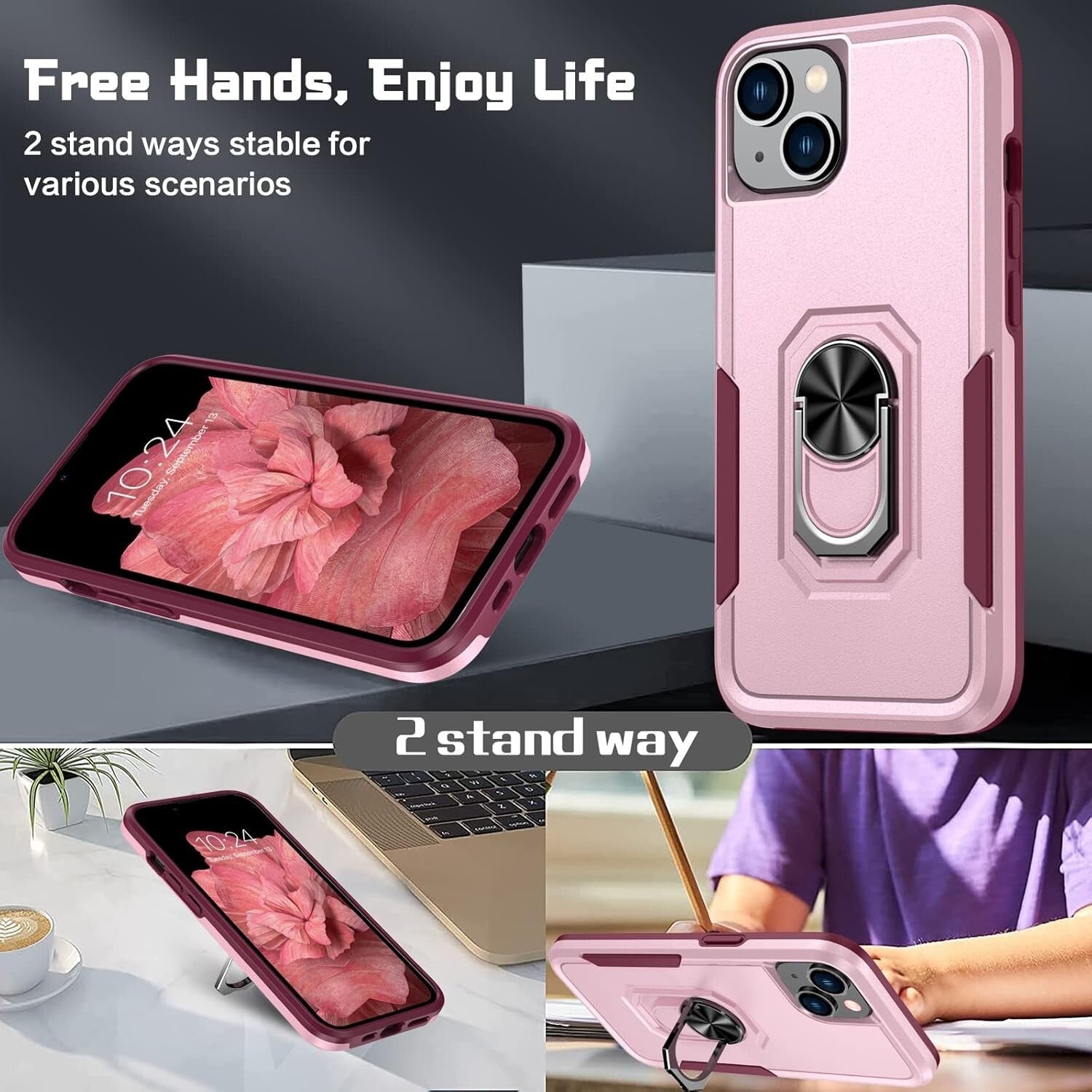iPhone 14 Shockproof Case with Kickstand &Tempered Glass Screen Protector Pink - FIXgenie