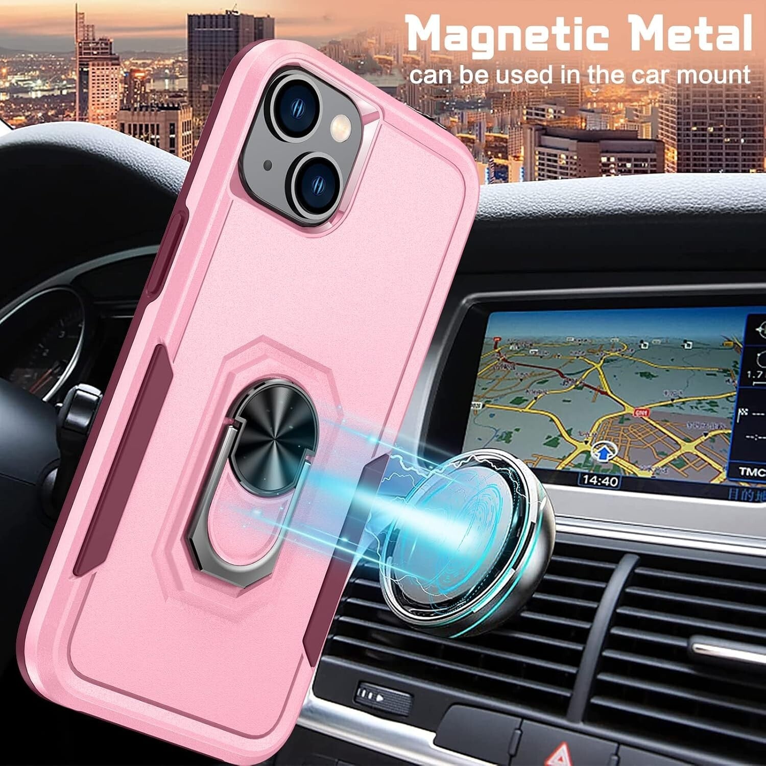 iPhone 14 Shockproof Case with Kickstand &Tempered Glass Screen Protector Pink - FIXgenie
