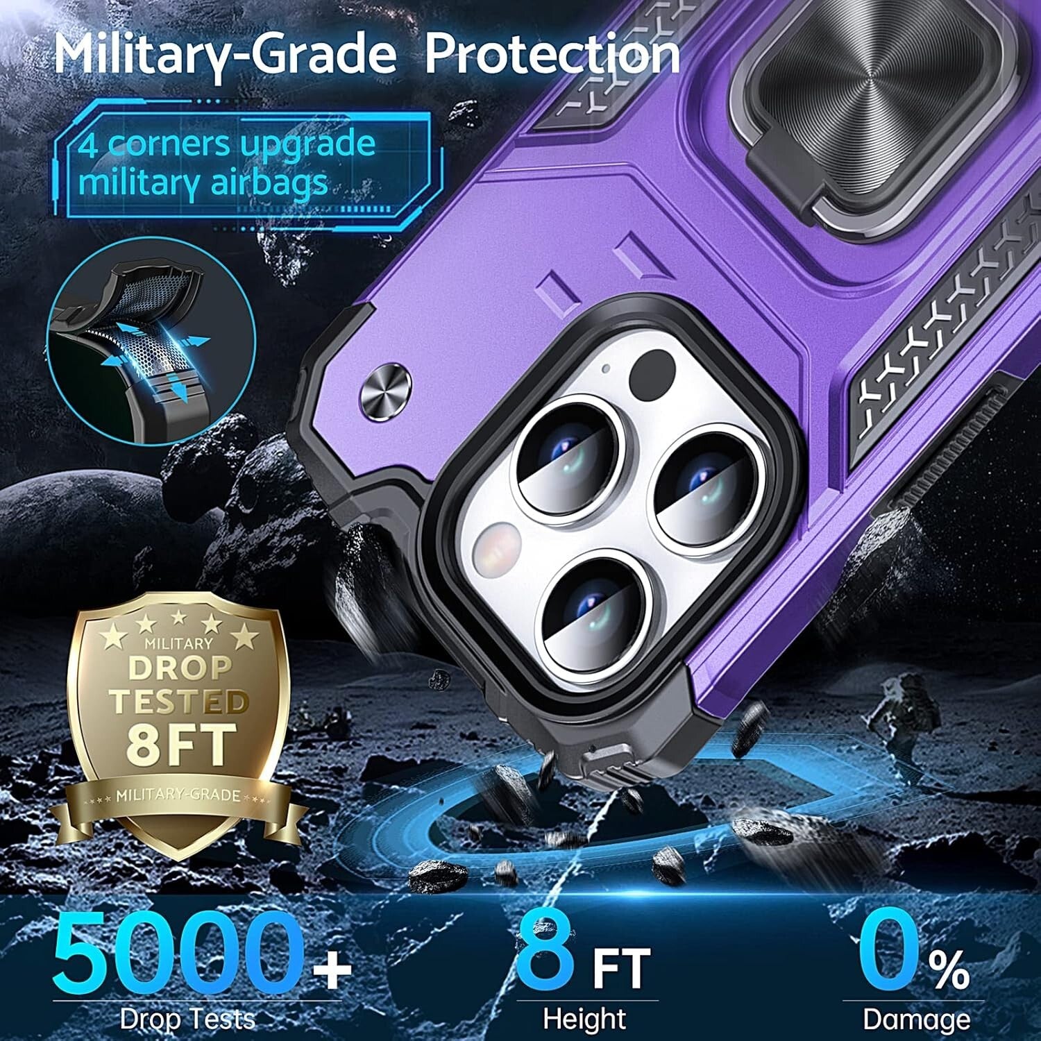 iPhone 14 Pro Military Grade Shockproof Case Cover with Kickstand Ring - FIXgenie