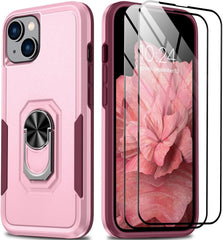 iPhone 14 Shockproof Case with Kickstand &Tempered Glass Screen Protector Pink - FIXgenie