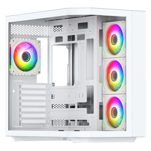 Vida Edge White ARGB Gaming Cube Case w/ Glass Side, Front & Corner, ATX, 4x ARGB PWM Fans, 6 - Port Fan Hub & Remote Control, Asus BTF Compatible - FIXgenie