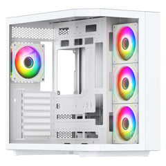 Vida Edge White ARGB Gaming Cube Case w/ Glass Side, Front & Corner, ATX, 4x ARGB PWM Fans, 6 - Port Fan Hub & Remote Control, Asus BTF Compatible - FIXgenie