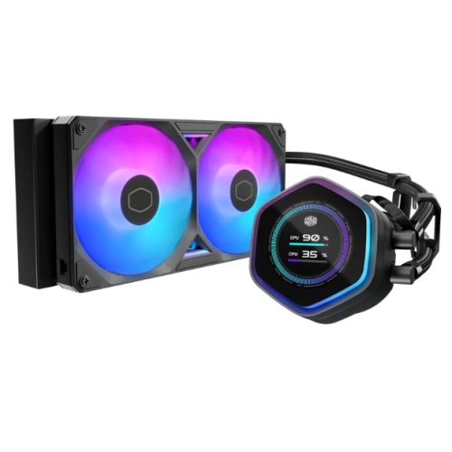 Cooler Master MasterLiquid 240 Atmos II LCD ARGB Liquid CPU Cooler, 240mm, Dual Chamber Design, Customisable LCD, Low Profile Pump, Black