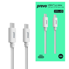 Prevo USB 3.2 100W C to C cable, 20V/5A, 10GB/20GB/s, White, Superior Design & Performance, Retail Box Packaging