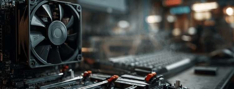 Close-up of a computer motherboard with a fan, blurred background