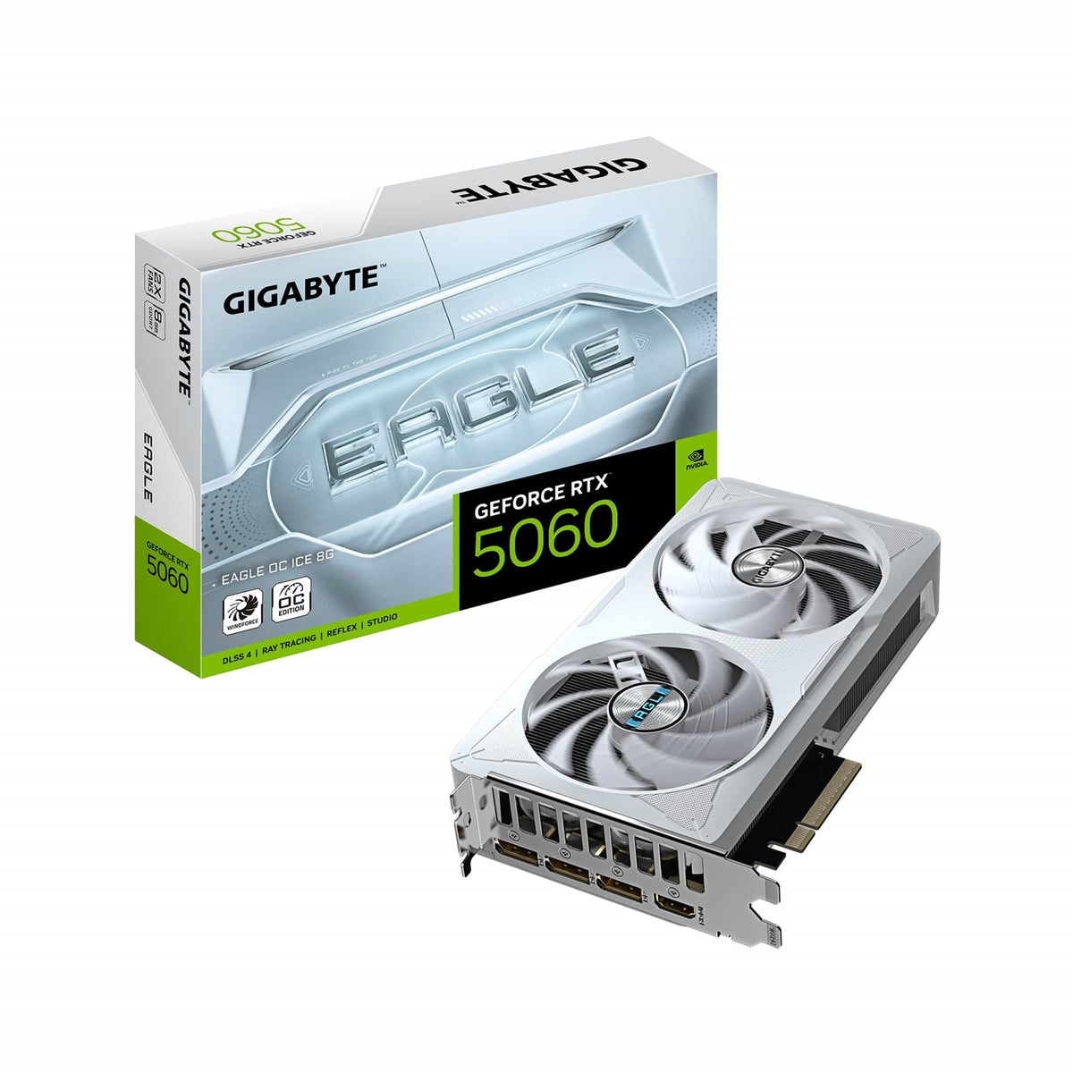 Gigabyte NVIDIA GeForce RTX 5060 EAGLE OC ICE 8GB GDDR7 Graphics Card, 3840 CUDA Cores, 2550 MHz Core Clock, Dual Fan, White, 3x DisplayPorts / 1x HDMI Port - FIXgenie