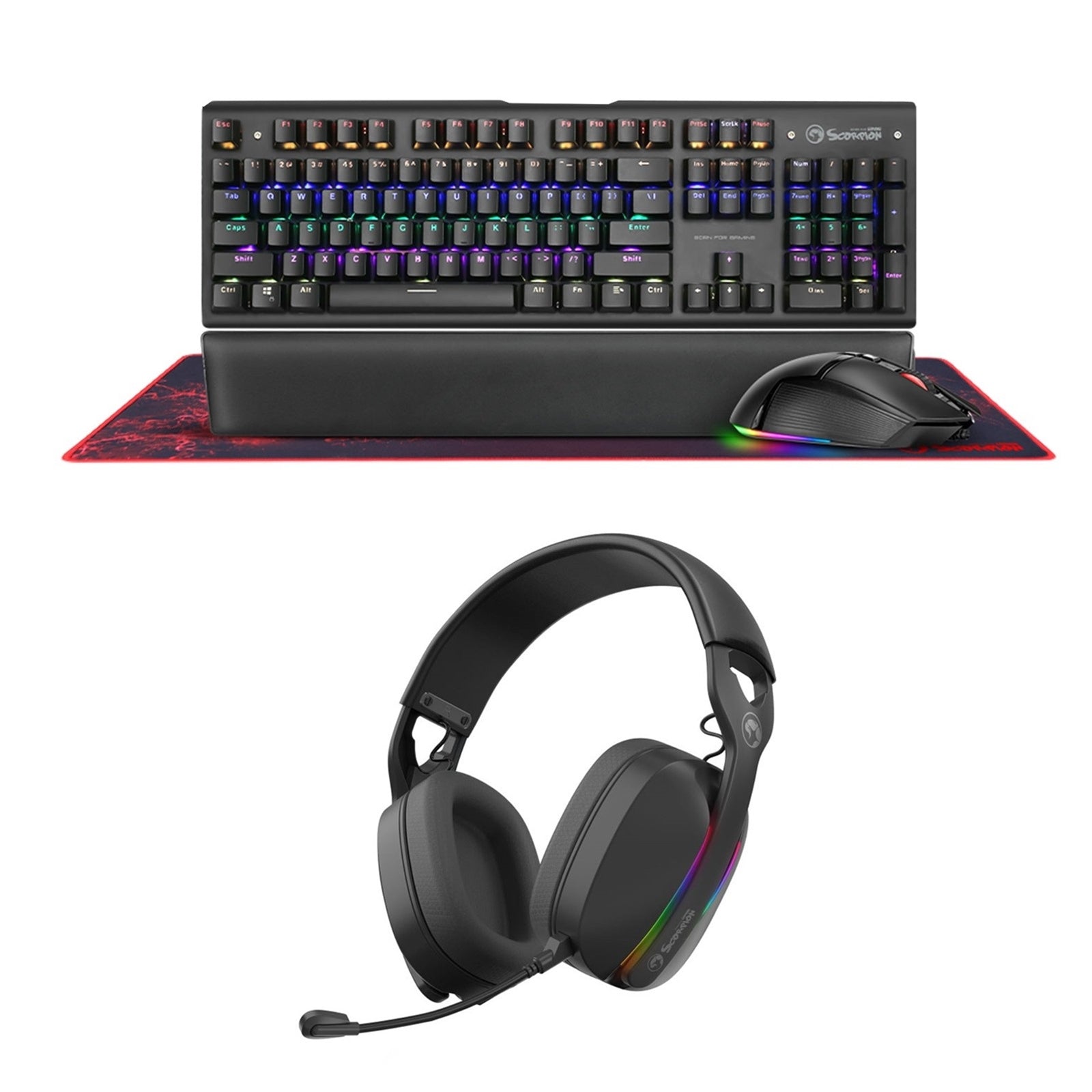 Marvo Scorpion CM420 - UK RGB Mechanical Keyboard, Mouse and Mouse Pad with HG9086W Bluetooth and Wired Tri - Mode Connection RGB Stereo Gaming Headphones - FIXgenie