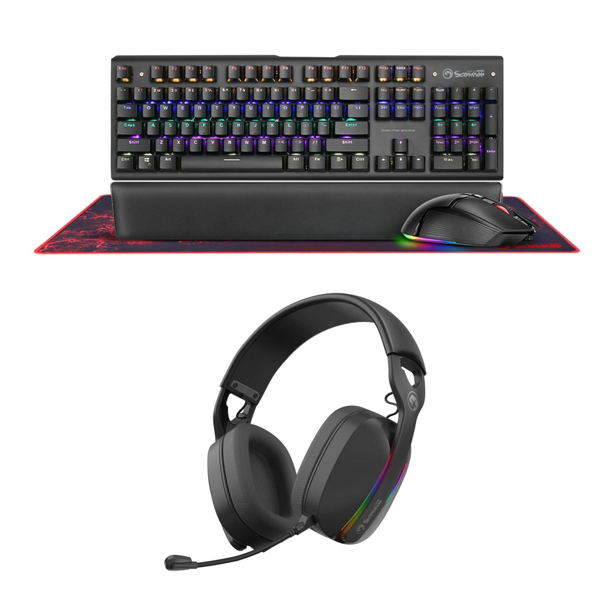 Marvo Scorpion CM420 - UK RGB Mechanical Keyboard, Mouse and Mouse Pad with HG9086W Bluetooth and Wired Tri - Mode Connection RGB Stereo Gaming Headphones - FIXgenie