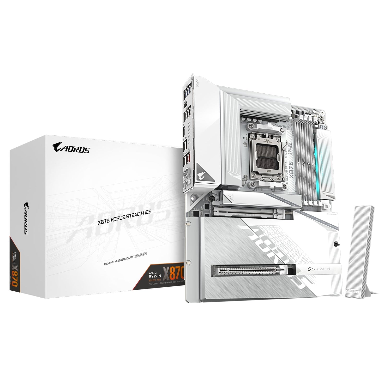 Gigabyte X870 AORUS STEALTH ICE AMD5 Socket Motherboard, ATX, 4x DDR5 Slots, 2x M.2 Socket, 5GbE LAN,  1x HDMI Port